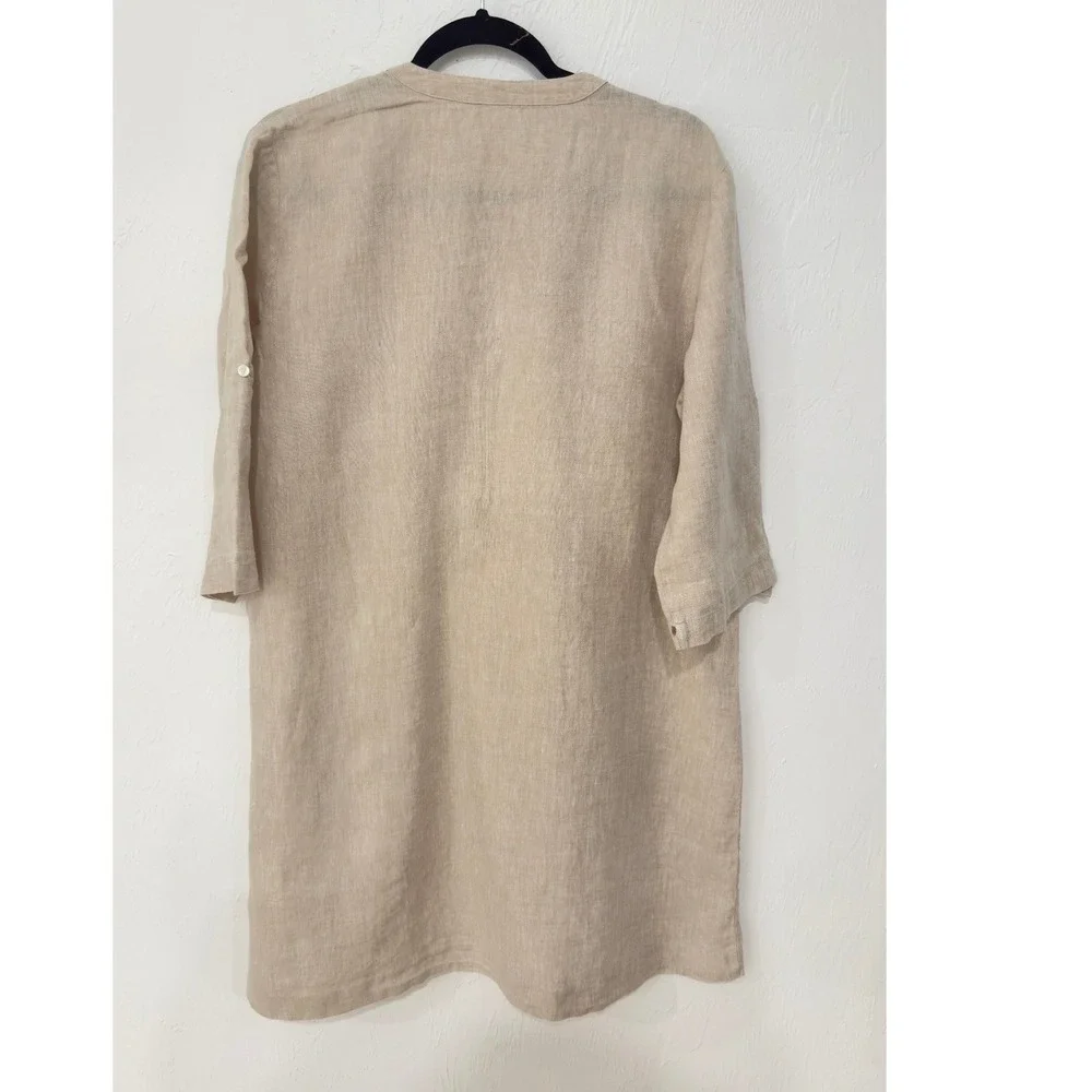 J. McLaughlin Linen Tunic Dress Beige Pintuck Roll Tab Sleeve XL - Picture 5 of 9